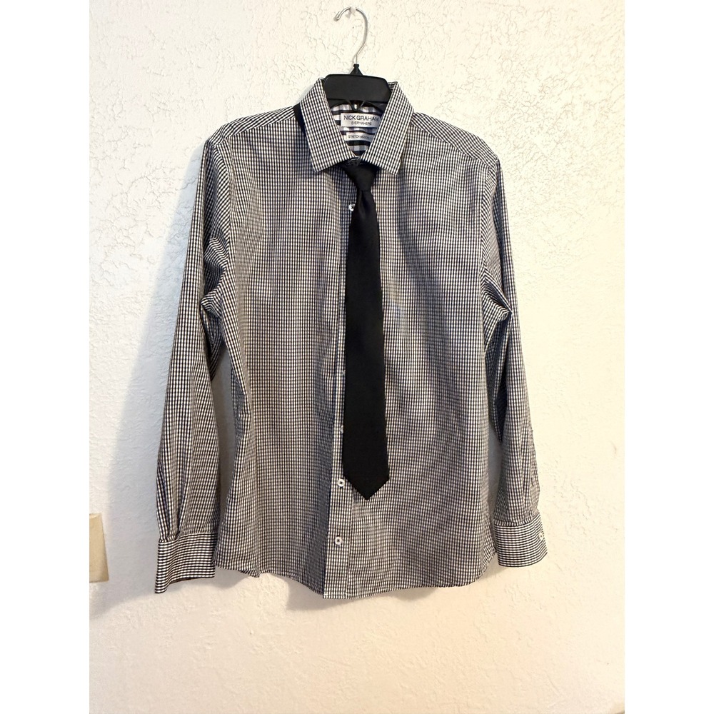Nick Graham Mens Gingham Check Stretch Modern Fit Shirt and Tie Set Black White